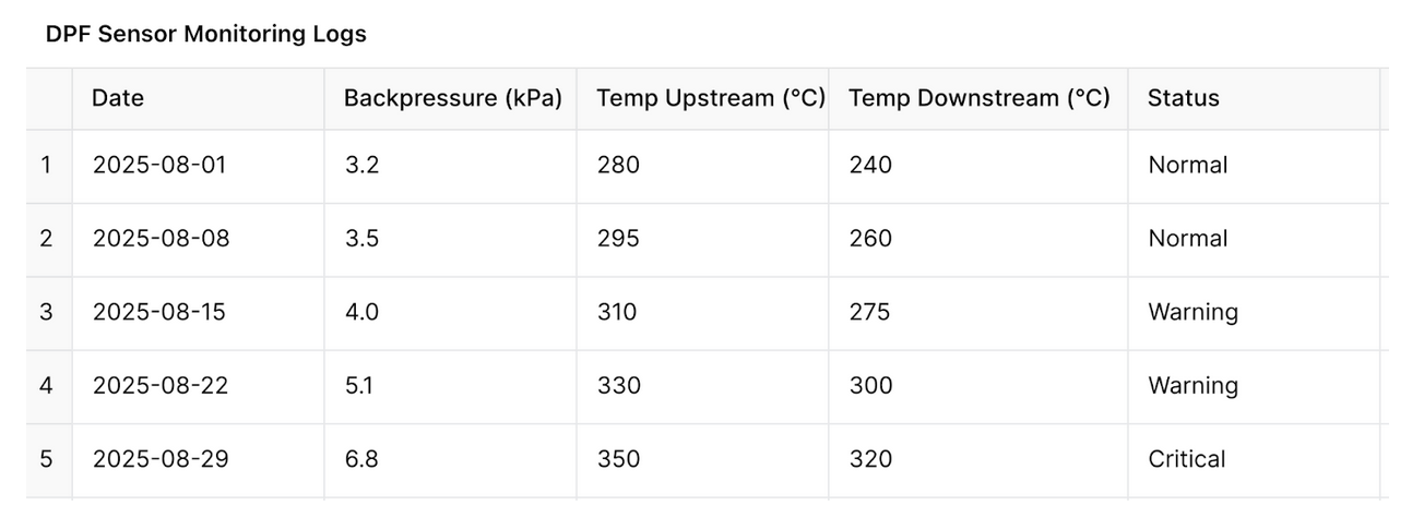 DPF Sensor Monitoring Logs