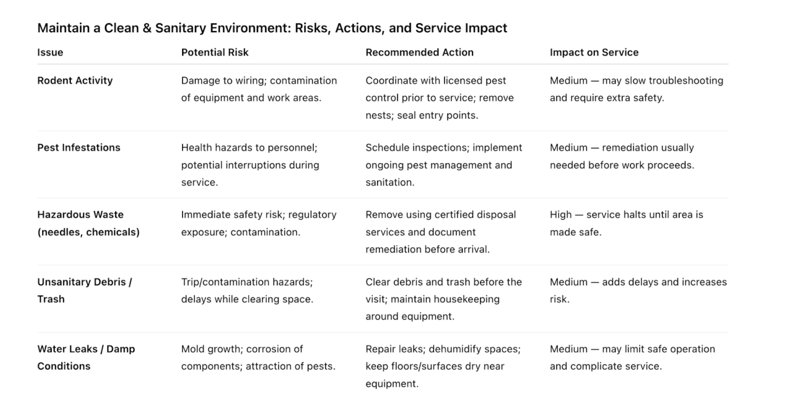Maintain a Clean & Sanitary Environment: Risks, Actions, and Service Impact